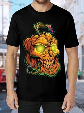 Glowing Pumpkin Skull Graphic Tee - Black